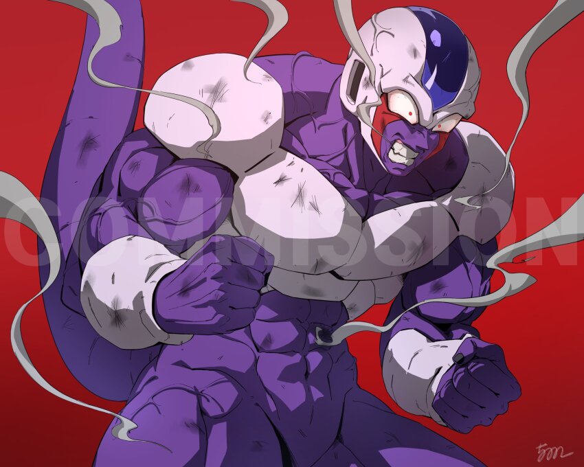 1boy 5002_bus abs alien angry biceps bloodshot_eyes clenched_hands clenched_teeth colored_skin commentary commission cooler_(dragon_ball) dragon_ball dragonball_z english_commentary furious gem_on_head highres male_focus muscular muscular_male purple_skin red_background red_eyes signature smoke solo tail tail_raised teeth veins veiny_arms veiny_neck watermark wide-eyed