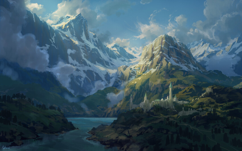 absurdres blue_sky castle cloud cloudy_sky commentary day english_commentary highres lake landscape mountain nature no_humans original outdoors philipp_urlich scenery sky tree