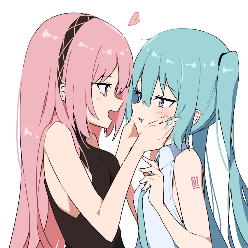 2girls aqua_eyes aqua_hair aqua_necktie black_dress blue_eyes dress face-to-face giryu hand_on_another&#039;s_face hatsune_miku heart highres long_hair looking_at_another megurine_luka multiple_girls necktie pink_hair twintails vocaloid white_background yuri