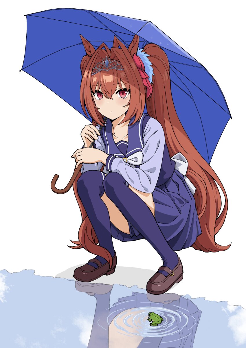 1girl absurdres animal_ears antenna_hair bow bowtie brown_hair brown_shoes convenient_censoring daiwa_scarlet_(umamusume) frog hair_between_eyes hair_intakes highres holding holding_umbrella horse_ears horse_girl horse_tail loafers long_hair long_sleeves looking_at_viewer oxymoron_0213 pleated_skirt puddle purple_shirt purple_skirt purple_thighhighs red_eyes sailor_collar sailor_shirt school_uniform shirt shoes simple_background skirt solo squatting tail thighhighs tiara tracen_school_uniform twintails umamusume umbrella very_long_hair white_background white_bow white_bowtie