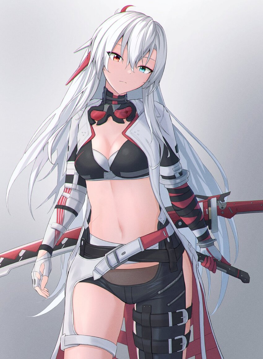 1girl alpha_(pgr) asymmetrical_clothes asymmetrical_gloves asymmetrical_legwear blue_eyes breasts broken_goggles cesvelox cleavage dagger fingerless_gloves gloves goggles grey_background hair_between_eyes heterochromia highres holding holding_dagger holding_knife holding_weapon knife long_hair looking_at_viewer alpha:_crimson_weave_(pgr) medium_breasts midriff navel punishing:_gray_raven red_eyes red_goggles scar scar_on_stomach simple_background single_pantsleg solo sports_bra sword thigh_strap very_long_hair weapon white_gloves white_hair zipper