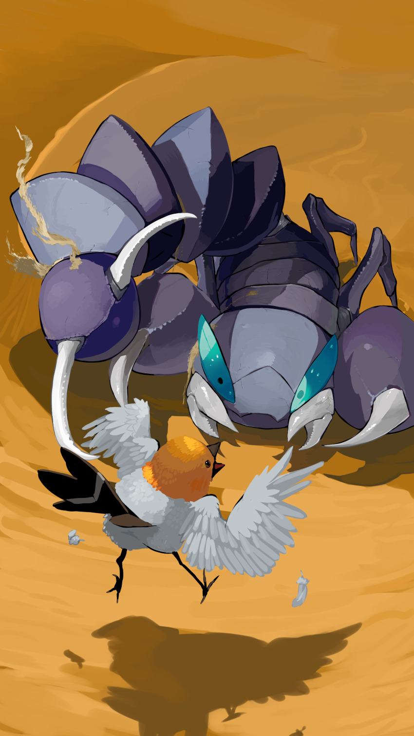 absurdres beak bird crack feathers fletchling gen_4_pokemon gen_6_pokemon highres nintendo no_humans pincers pokemon pokemon_(creature) realistic sand shadow skorupi yunimaru
