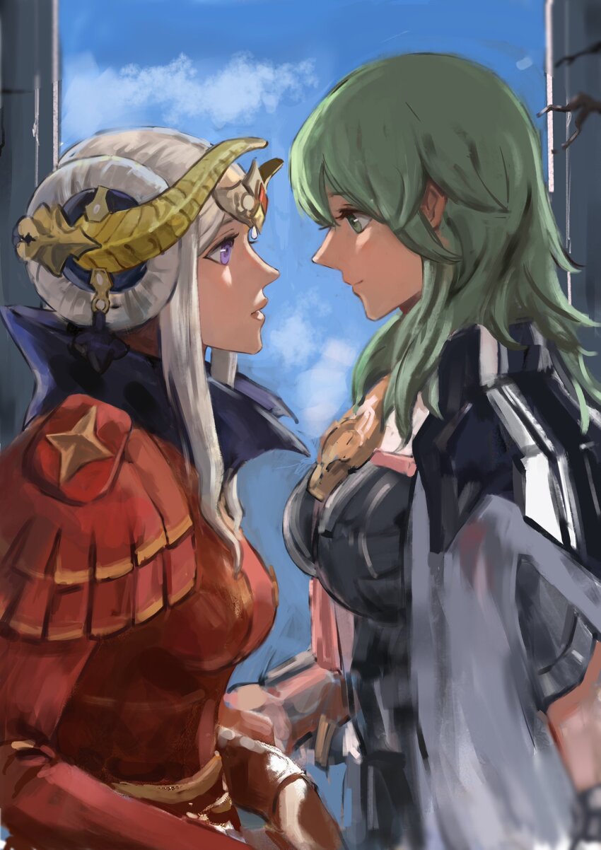 2girls blonde_hair blue_sky cape collared_cape couple double_bun dress edelgard_von_hresvelg edelgard_von_hresvelg_(timeskip) emika_(ww66229393) fake_horns female_byleth_(enlightened)_(fire_emblem) female_byleth_(fire_emblem) fire_emblem fire_emblem:_three_houses from_side green_eyes green_hair grey_jacket hair_bun hair_up hashtag-only_commentary headpiece high_collar highres horns indoors jacket jacket_on_shoulders looking_at_another looking_down looking_up multiple_girls nintendo open_clothes open_jacket parted_lips purple_eyes red_cape red_dress sky standing upper_body wavy_hair window yuri
