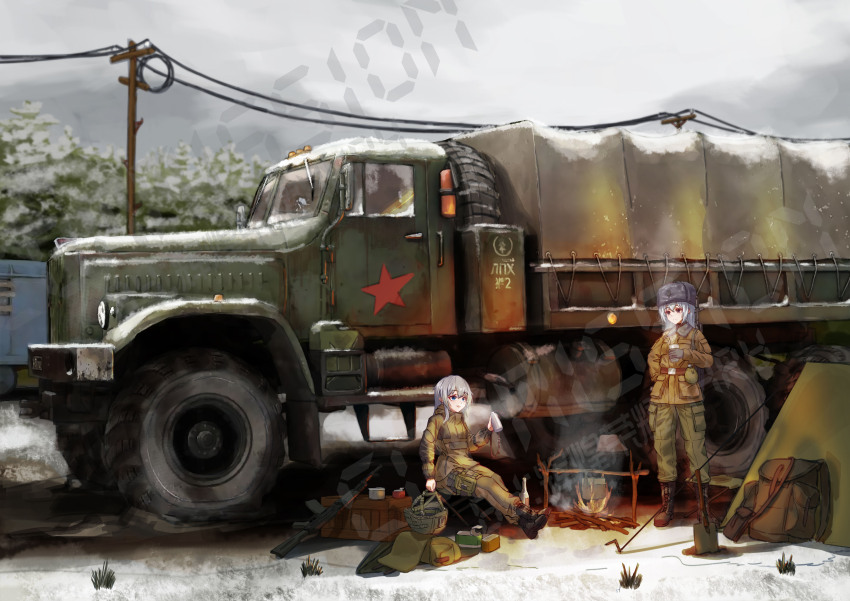 2girls absurdres belt fireplace gun hat helmet highres huihuang_rongyao long_hair military military_combat_uniform military_fatigues military_truck military_uniform military_vehicle motor_vehicle multiple_girls original snow soviet star_(symbol) tarpaulin truck weapon white_hair winter