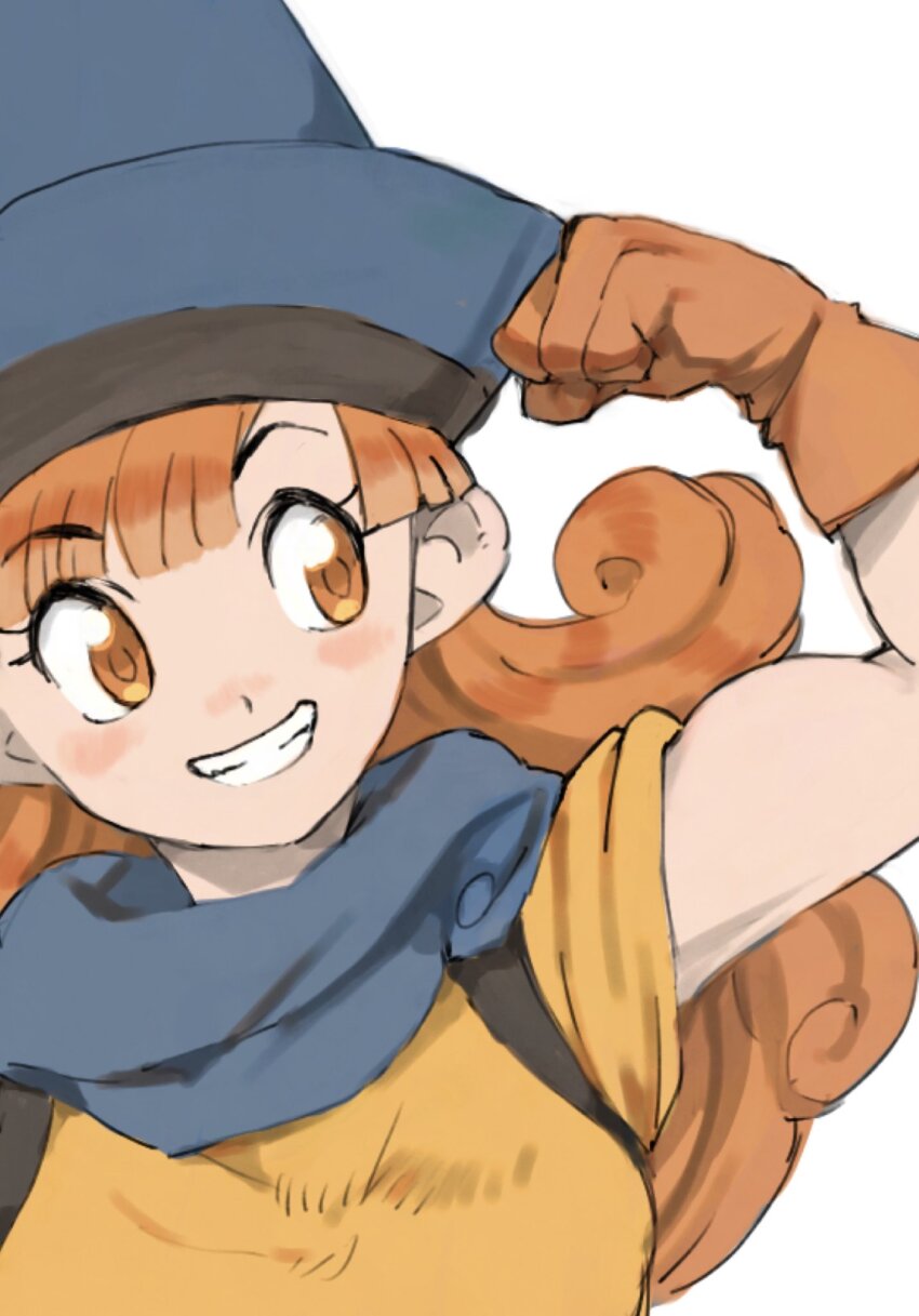 1girl alena_(dq4) biceps blue_hat brown_gloves clenched_hand curly_hair dragon_quest dragon_quest_iv eyelashes flexing gan2 gloves grin hand_up hat highres long_hair orange_eyes orange_hair simple_background smile solo teeth upper_body white_background