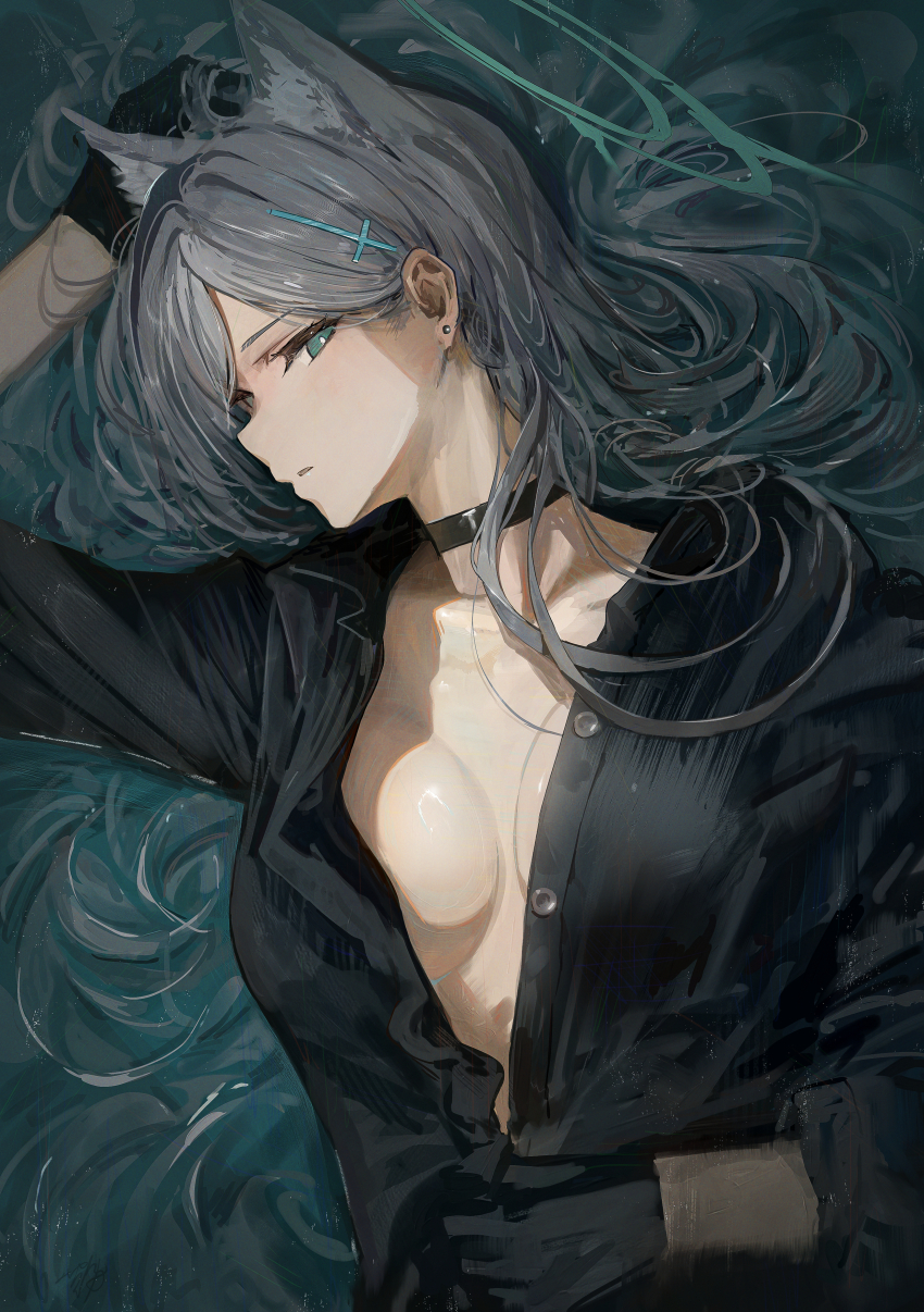 1girl absurdres alternate_costume animal_ear_fluff animal_ears black_choker black_gloves black_shirt blue_archive blue_eyes breasts choker cleavage cross_hair_ornament gloves grey_hair hair_behind_ear hair_ornament hidulume highres long_hair looking_at_viewer lying medium_breasts no_bra on_back open_clothes open_shirt shiroko_(blue_archive) shiroko_terror_(blue_archive) shirt solo wolf_ears wolf_girl