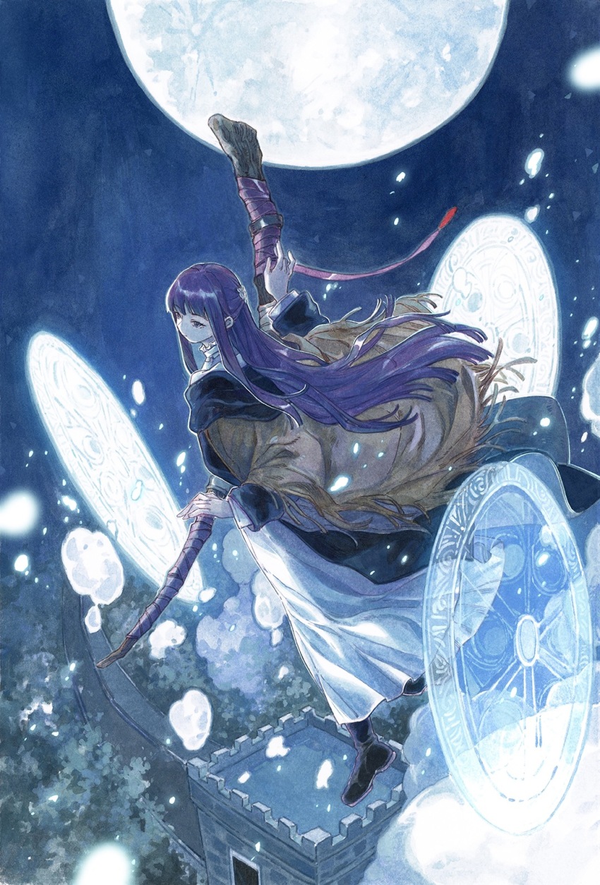 1girl 9484gu battle black_coat black_footwear building coat dress fern_(sousou_no_frieren) floating floating_clothes floating_hair fortress fringe_trim from_above from_side full_moon glowing half_updo highres holding holding_staff long_hair long_sleeves magic_circle moon motion_blur night night_sky outdoors painting_(medium) purple_hair sidelocks sky solo sousou_no_frieren staff traditional_media very_long_hair watercolor_(medium) white_dress