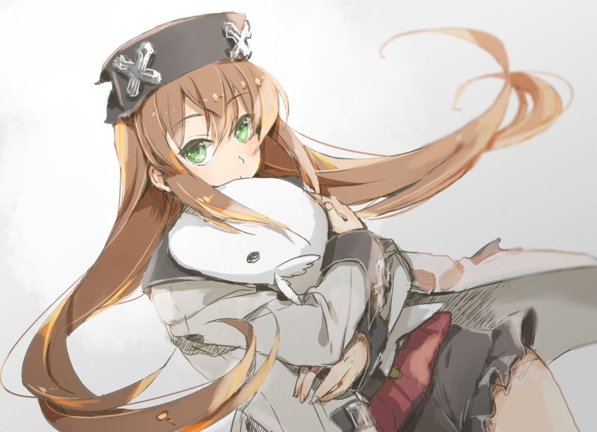 1girl black_headwear black_skirt brown_hair coat el_mofus el_mofus_(brown_hair_female) green_eyes grey_coat gyorui_(toura_minato) hat holding holding_stuffed_toy long_hair looking_at_viewer ludo-rathowm rance_(series) rance_x red_shirt shirt simple_background skirt stuffed_toy whale white_background