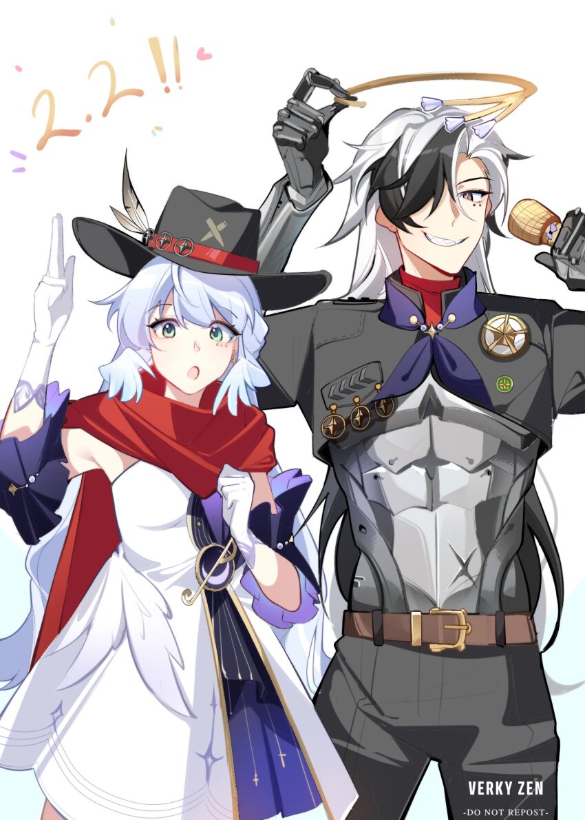 1boy 1girl :o accessories_switch alternate_costume artist_name badge belt black_eyes black_hair black_hat black_pants black_shrug blue_hair blue_neckerchief boothill_(honkai:_star_rail) cape cowboy_hat cowboy_shot detached_sleeves dress earrings elbow_gloves gloves green_eyes grin hair_over_one_eye halo hand_up hat hat_feather head_wings highres holding holding_halo holding_microphone honkai:_star_rail honkai_(series) jewelry joints long_hair long_sleeves looking_at_viewer marking_on_cheek microphone multicolored_hair neckerchief one_eye_covered open_mouth pants red_cape robin_(honkai:_star_rail) robot_joints shrug_(clothing) simple_background smile standing swept_bangs two-tone_hair verkyzen white_background white_dress white_gloves white_hair wings