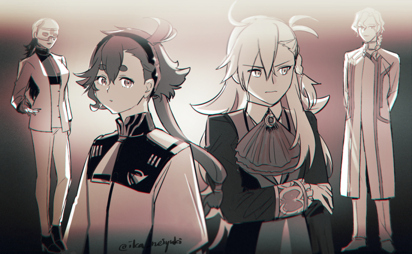 1boy 3girls ahoge aki_(neyuki41028) arms_behind_back ascot asticassia_school_uniform braid braided_ponytail brooch chaldea_logo chaldea_uniform chromatic_aberration closed_mouth covered_eyes crossover fate/grand_order fate_(series) father_and_daughter frilled_sleeves frills gundam gundam_suisei_no_majo hair_between_eyes hair_over_shoulder hairband hand_on_own_arm helmet helmet_over_eyes high_heels jacket jewelry lab_coat light_smile long_hair long_sleeves looking_at_viewer looking_to_the_side low_ponytail marisbury_animusphere monochrome mother_and_daughter multiple_girls necktie olga_marie_animusphere outstretched_hand pants parted_bangs parted_lips ponytail prospera_mercury school_uniform shoes short_eyebrows side-by-side side_braid single_braid sleeve_cuffs standing suletta_mercury twitter_username