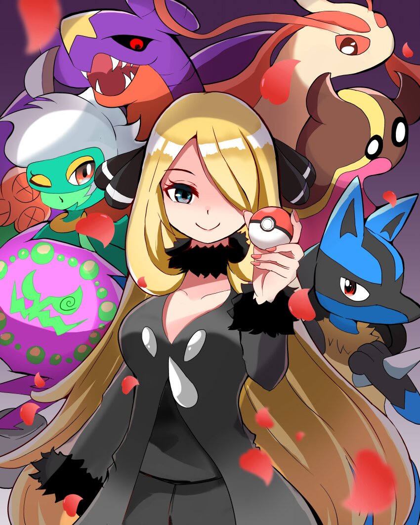 1girl absurdres arm_at_side black_coat black_pants black_shirt blonde_hair blue_eyes breasts carrot_summer closed_mouth coat collarbone cynthia_(pokemon) eyelashes fingernails fur-trimmed_sleeves fur_collar fur_trim game_freak garchomp gastrodon gastrodon_(west) gen_3_pokemon gen_4_pokemon gradient_background hair_ornament hair_over_one_eye hand_up highres holding holding_poke_ball long_hair long_sleeves looking_at_viewer lucario medium_breasts milotic nintendo pants petals poke_ball poke_ball_(basic) pokemon pokemon_(creature) pokemon_dppt red_petals roserade shirt smile spiritomb very_long_hair