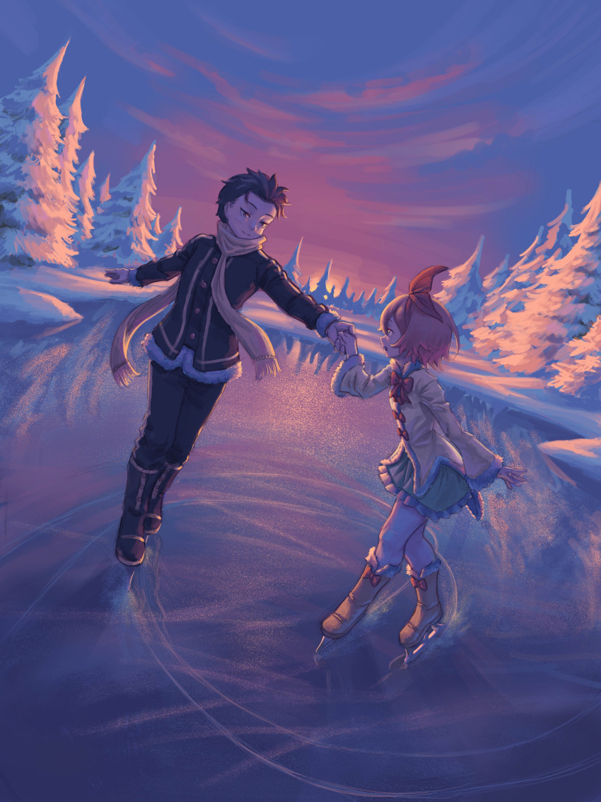 1boy 1girl absurdres barusuthegoat black_hair blush boots brown_eyes dress fur_trim hair_ornament hair_ribbon height_difference highres holding holding_hands ice ice_skates looking_at_another natsuki_subaru orange_hair petra_leyte re:zero_kara_hajimeru_isekai_seikatsu ribbon scarf short_hair skates skating snow sunset tree winter winter_clothes