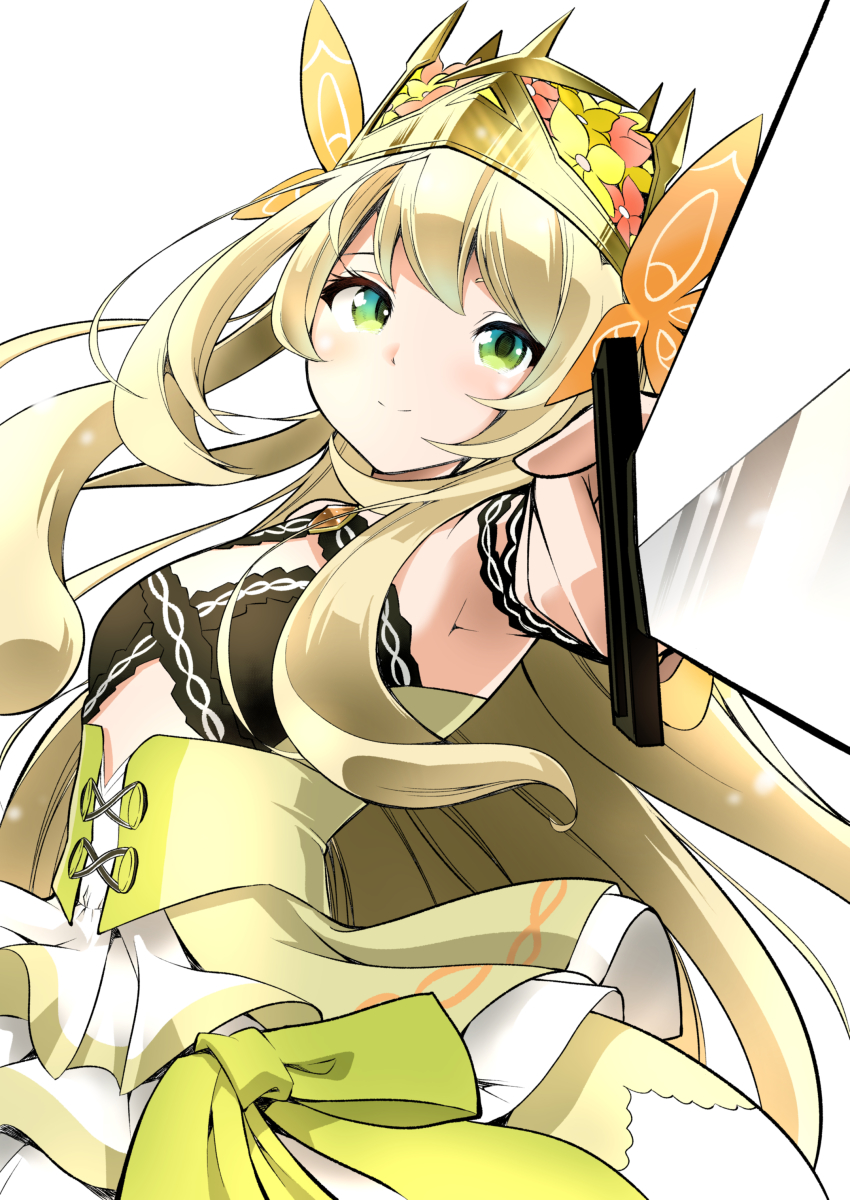 1girl absurdres armpits blonde_hair breasts celine_(fire_emblem) crown dress fire_emblem fire_emblem_engage flower foreshortening green_eyes hahe hair_flower hair_ornament highres holding holding_sword holding_weapon layered_dress long_hair nintendo pointing pointing_at_viewer pointing_melee_weapon pointing_sword princess simple_background small_breasts smile solo sword upper_body very_long_hair weapon white_background white_dress yellow_dress