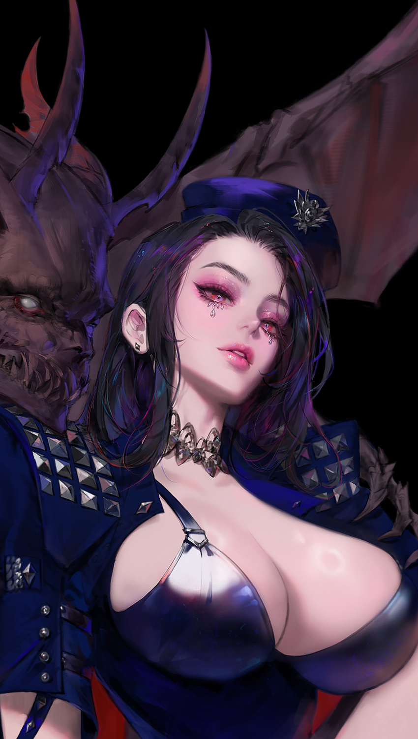 1girl absurdres black_background black_hair blue_jacket breasts choker cleavage demon dragon ear_piercing earrings eyelashes eyeshadow facial_tattoo hat highres horns jacket jewelry kira8good large_breasts lips long_hair looking_at_viewer makeup mascara medium_hair monster nose open_clothes open_jacket original parted_lips piercing police police_badge police_hat police_uniform policewoman red_eyes sharp_teeth shiny_clothes short_sleeves simple_background solo tattoo teeth upper_body