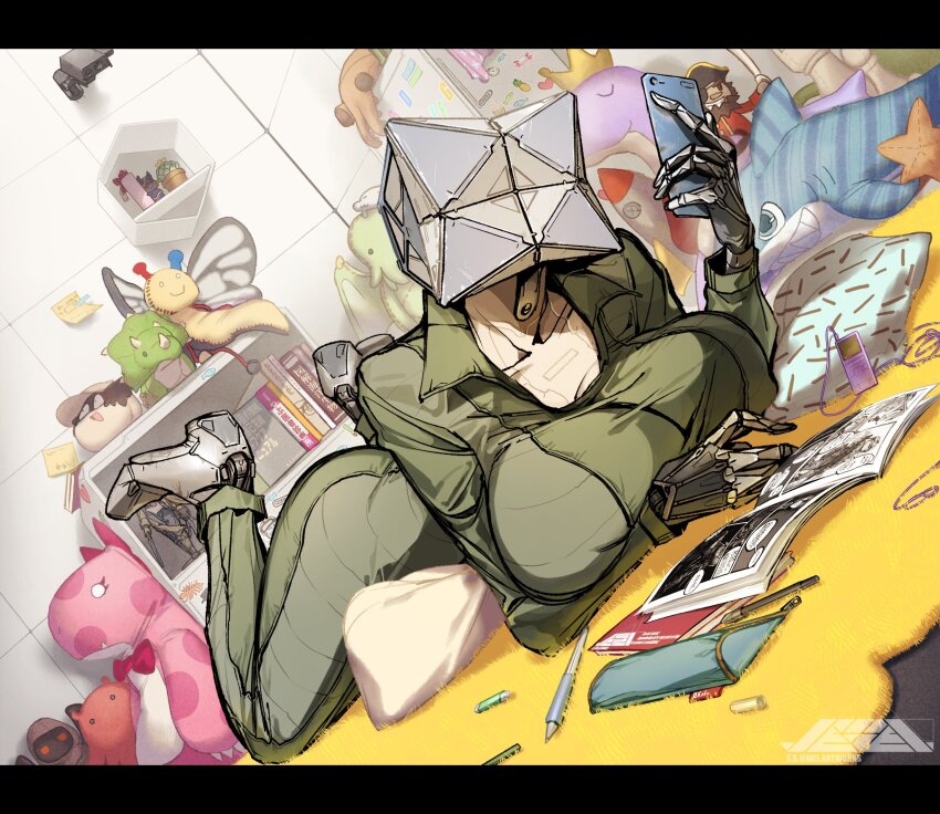 1girl android artist_logo ass book bookshelf breasts cellphone collarbone covered_erect_nipples dutch_angle faceless figure green_jumpsuit highres holding holding_phone indoors juerucj jumpsuit large_breasts letterboxed logo long_sleeves lying object_head on_stomach open_magazine original pen phone pill rug security_camera smartphone solo stuffed_animal stuffed_shark stuffed_toy triceratops ||/
