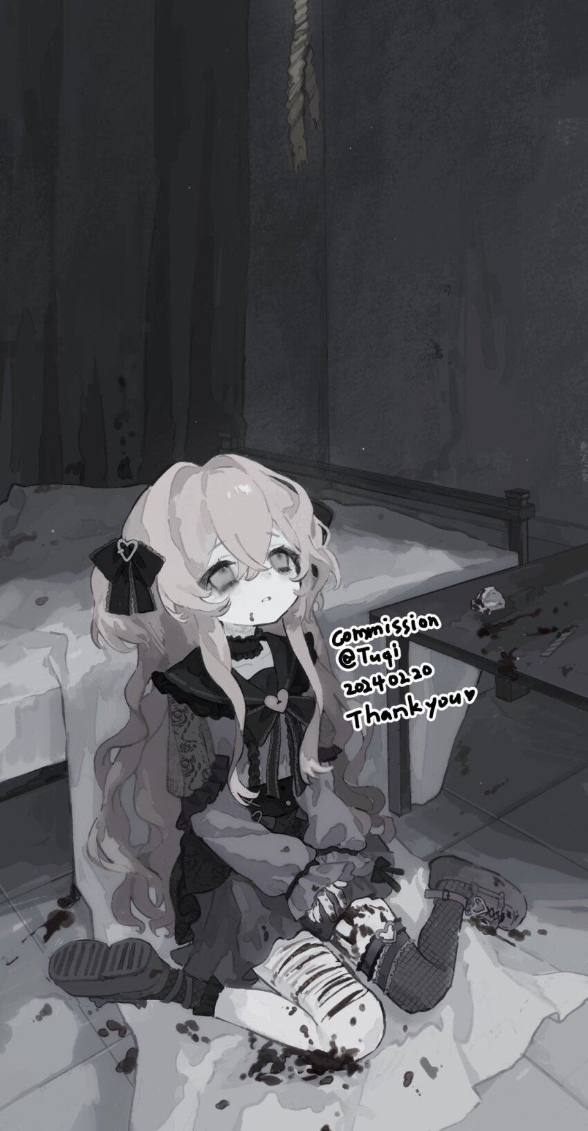 1girl artist_name attempted_suicide bed black_bow black_bowtie black_choker bleeding blood bow bowtie boxcutter choker commentary commission dated empty_eyes english_text expressionless fishnet_thighhighs fishnets frilled_choker frills full_body grey_eyes hair_bow heart heart_o-ring highres indoors long_hair long_sleeves muted_color noose o-ring o-ring_thigh_strap on_floor original parted_lips pink_hair self-harm shoes sidelocks single_thighhigh sitting solo suicide table thigh_strap thighhighs tuqitt very_long_hair wariza