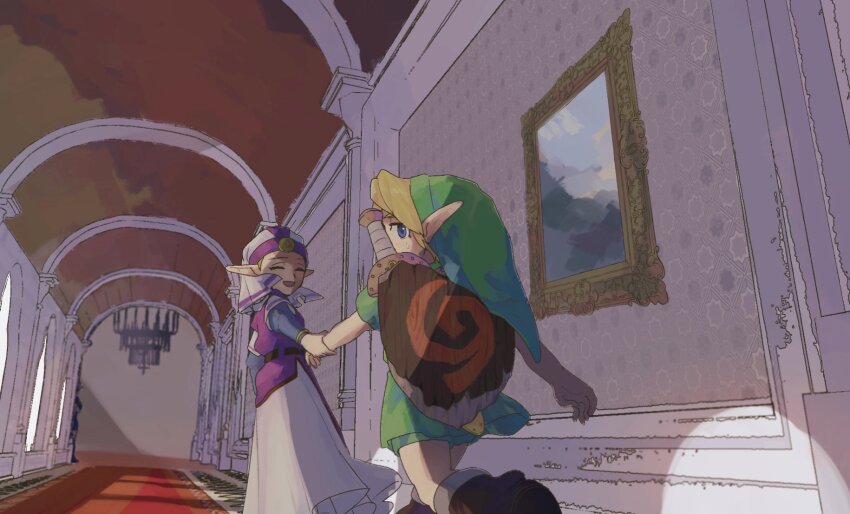 1boy 1girl belt blonde_hair blue_eyes blue_sleeves boots brown_belt brown_footwear chandelier child closed_eyes deku_shield dress green_hat green_tunic hat highres holding_another&#039;s_wrist indoors kokiri_sword link long_dress long_sleeves looking_at_another looking_back nintendo open_mouth painting_(object) pink_dress pointy_ears princess_zelda puffy_long_sleeves puffy_sleeves shield shield_on_back smile sword sword_on_back the_legend_of_zelda the_legend_of_zelda:_ocarina_of_time tunic two-tone_dress walking weapon weapon_on_back white_dress white_headdress yamori_(yamoooon21) young_link young_zelda