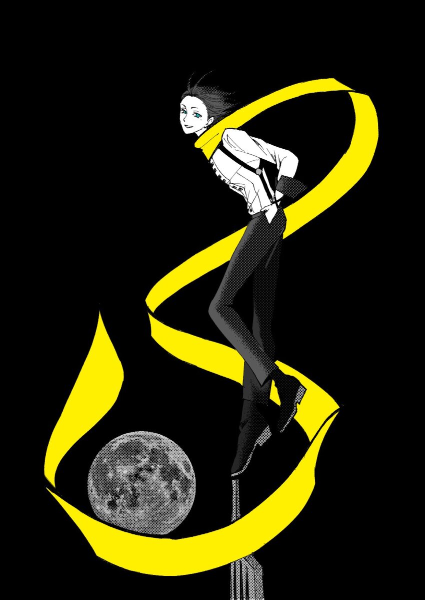 1boy balancing black_background black_hair blue_eyes full_body full_moon hand_in_pocket highres long_scarf looking_to_the_side male_focus mochizuki_ryouji mole mole_under_eye moon otoko_haza pants persona persona_3 scarf shirt_tucked_in shoes short_hair short_sideburns sideways_glance simple_background sleeve_cuffs smile solo suspenders yellow_scarf