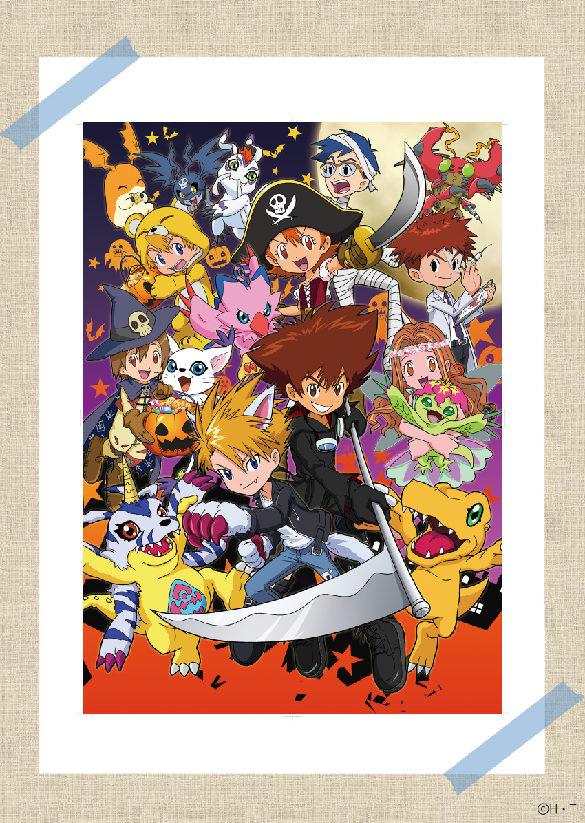 3girls 5boys absurdres agumon alternate_costume animal_costume animal_ears bakemon bandaged_head bandages bear_costume black_eyes black_footwear black_gloves black_jacket blonde_hair blue_cape blue_eyes blue_hair blue_hat boots brown_eyes brown_footwear brown_gloves brown_hair bucket candy cape character-themed_food checkerboard_cookie clipboard cookie corset cosplay cosplay_request cross-laced_clothes cross-laced_corset cutlass death_(entity) denim digimon digimon_(creature) digimon_adventure dress eating everyone fairy_wings fake_animal_ears fake_claws fake_wings fang food full_moon gabumon glasses gloves goggles goggles_around_neck gomamon gradient_background green_dress grim_reaper grim_reaper_(cosplay) grin halloween halloween_bucket halloween_costume hat head_wreath highres holding holding_bucket holding_clipboard holding_digimon holding_scythe holding_sword holding_syringe holding_weapon horns ishida_yamato izumi_koshiro jack-o&#039;-lantern jacket jeans jolly_roger kido_jo kigurumi lab_coat long_hair looking_at_viewer mad_scientist monzaemon monzaemon_(cosplay) moon mouth_hold multiple_boys multiple_girls mummy_costume official_art onesie open_mouth orange_hair over-rim_eyewear palmon pants patamon patchwork_skin picodevimon pink_claws pirate_costume pirate_hat piyomon pumpmon robe scythe semi-rimless_eyewear shirt short_hair simple_bat single_horn skull_and_crossed_swords skull_ornament smile spiked_hair star_(symbol) stitched_face stitched_hand stitches sweatdrop sword syringe tachikawa_mimi tailmon takaishi_takeru takenouchi_sora tentomon thumbprint_cookie torn_clothes weapon weregarurumon weregarurumon_(cosplay) werewolf_costume white_gloves white_shirt wings witch_hat wizarmon wizarmon_(cosplay) wolf_ears yagami_hikari yagami_taichi zipper