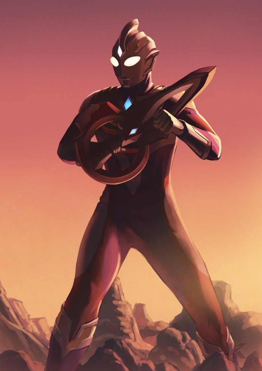1boy absurdres alien arm_guards armor breastplate canyon clenched_hand color_timer colored_skin commentary compound_eyes crystal dorsal_fin feet_out_of_frame fighting_stance forehead_jewel giant glowing glowing_chest glowing_eyes gradient_sky hands_up highres holding holding_sword holding_weapon kazuzu-art legs_apart looking_ahead male_focus multicolored_skin multicolored_sky orange_sky outdoors pectorals purple_skin red_skin silver_skin sky solo standing sunset sword tokusatsu toned toned_male ultra_series ultraman_trigger ultraman_trigger_(multi_type) ultraman_trigger_(series) weapon wrinkled_skin yellow_eyes yellow_sky
