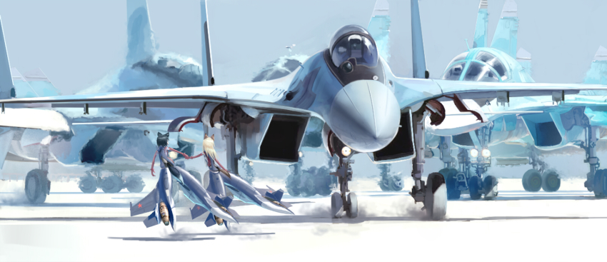 2girls air_supreriority_fighter aircraft airplane animal_ears attack_aircraft black_hair blonde_hair cockpit commentary_request confin fighter-bomber fighter_aircraft fighter_jet heat_haze helmet highres holding_hands interdictor jet_engine landing_gear light_bomber military military_vehicle multiple_girls multirole_combat_aircraft original pilot_helmet piloting runway shadow spirit_chiasma strike_fighter strike_witches striker_unit su-30 su-34 tail vehicle_focus world_witches_series