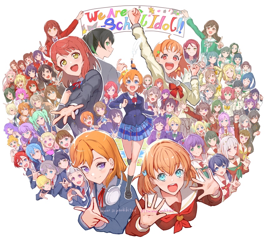 6+girls anyoji_hime ayase_eli black_hair blonde_hair blue_eyes bow brown_hair cellphone character_request choker copyright_request everyone fujishima_megumi green_bow green_eyes green_hair grey_hair hair_bow hair_ornament hasu_no_sora_school_uniform headphones headphones_around_neck highres hinoshita_kaho hoshizora_rin jyon kachimachi_kosuzu koizumi_hanayo kosaka_honoka link!_like!_love_live! love_live! love_live!_nijigasaki_high_school_idol_club love_live!_school_idol_musical love_live!_school_idol_project love_live!_sunshine!! minami_kotori momose_ginko multicolored_hair multiple_girls murano_sayaka nijigasaki_school_uniform nishikino_maki one_eye_closed open_mouth orange_hair osawa_rurino otomune_kozue phone pink_eyes pink_hair purple_eyes purple_hair red_hair sailor_collar school_uniform skirt smile sonoda_umi tennoji_rina tojo_nozomi twintails watanabe_you yazawa_nico yellow_bow yellow_eyes yugiri_tsuzuri
