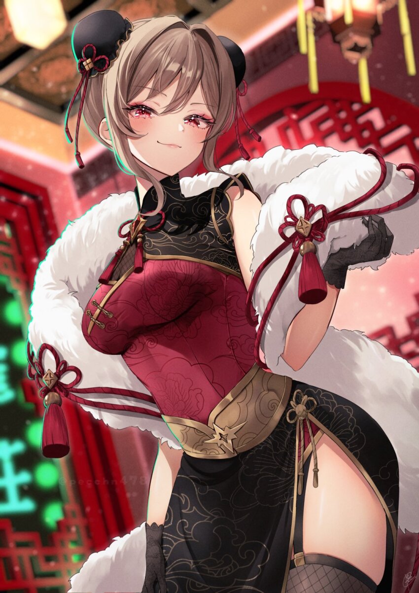 1girl architecture black_gloves black_skirt blurry blurry_background breasts brown_hair bun_cover china_dress chinese_clothes chinese_knot cleavage commentary_request diamond-shaped_brooch double_bun dress east_asian_architecture eyelashes feather_boa fishnet_thighhighs fishnets floral_print floral_print_dress furen_e_lustario furen_e_lustario_(7th_costume) garter_straps gloves gold_belt gold_trim hair_between_eyes hair_bun highres indoors lace lace_gloves lattice light_blush lips looking_at_viewer mandarin_collar nijisanji official_alternate_costume official_alternate_hairstyle pecco_(pecchn478) red_eyes red_shirt see-through_cleavage see-through_clothes shirt side_slit sidelocks skirt sleeveless sleeveless_dress smile solo tassel thighhighs twitter_username virtual_youtuber watermark xiangyun