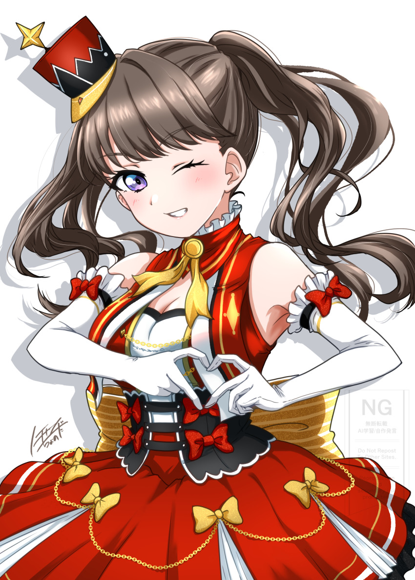 1girl four-finger_heart_hands ;d absurdres armpits breasts brown_hair cleavage commentary_request cowboy_shot dress drop_shadow elbow_gloves frilled_gloves frills fujishima_megumi gloves grin hat heart heart_hands highres jacket key_of_like! large_breasts link!_like!_love_live! looking_at_viewer love_live! mini_hat mini_shako_cap noochan_chonoda one_eye_closed open_clothes open_jacket open_mouth purple_eyes red_dress red_hat red_jacket shako_cap signature sleeveless sleeveless_dress sleeveless_jacket smile solo twintails watermark white_gloves