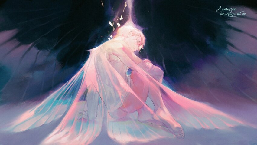 1boy ass barefoot bottomless bug closed_mouth commentary_request commission dragonfly_wings henry_townshend highres insect looking_at_viewer male_focus mix_(muxi0415) moth purple_background second-party_source shirt short_hair silent_hill_(series) silent_hill_4:_the_room transparent_wings white_shirt wings