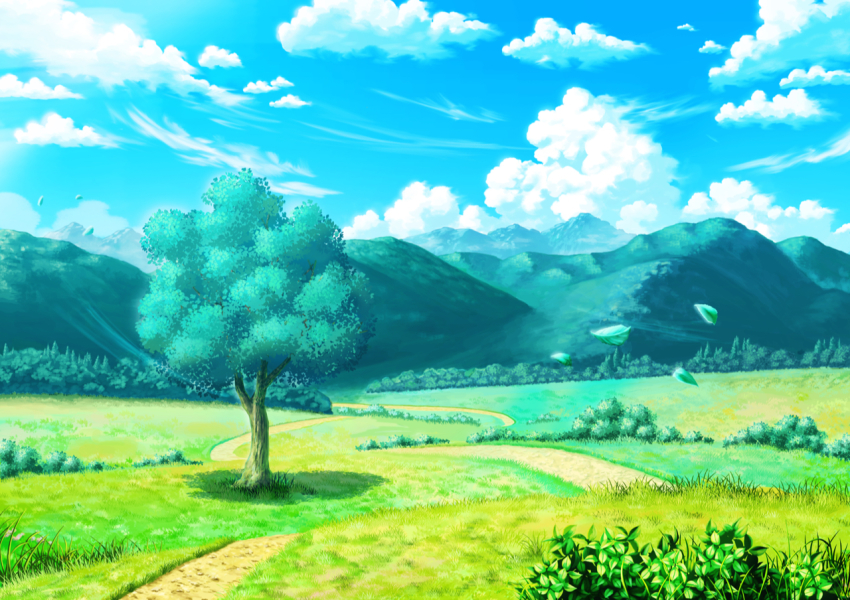 blue_sky bush cloud dirt_road fantasy grass kanappe915 leaf meadow mountain nature no_humans original outdoors road rural scenery sky tree