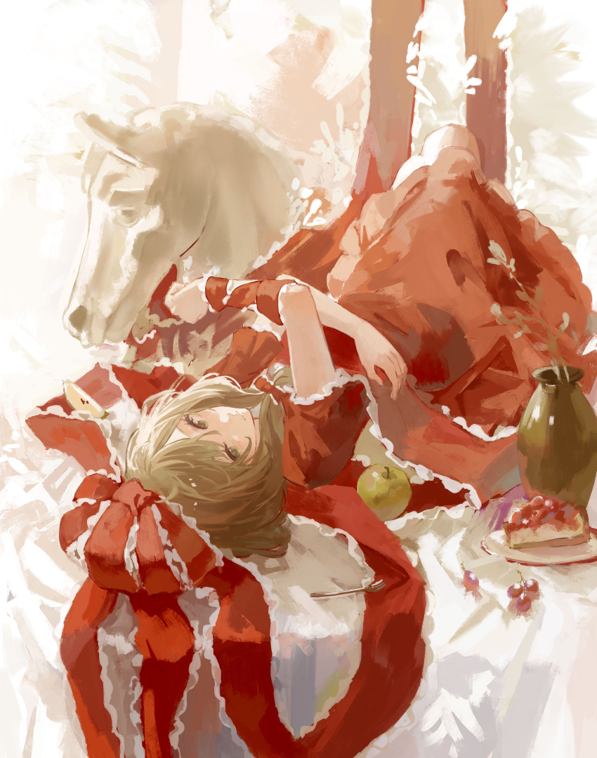 1girl absurdres apple arm_ribbon bow dress food fruit green_apple highres kagiyama_hina looking_at_viewer lying red_bow red_dress red_ribbon ribbon sawararado smile solo touhou