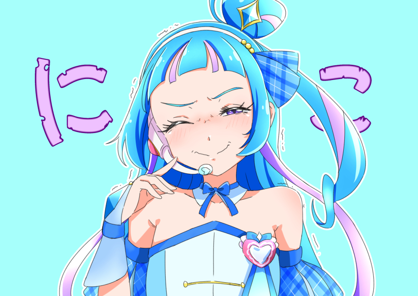 1girl absurdres aokaze_nana blue_background blue_bow blue_bowtie blue_hair blue_shirt blush bow bowtie brooch closed_mouth commentary_request cure_wink detached_collar hair_bun hairband hakuino_hakase headset heart heart_brooch heart_hair_bun highres jewelry kimi_to_idol_precure long_hair magical_girl multicolored_hair one_eye_closed precure purple_eyes shirt solo strapless strapless_shirt two-tone_hair upper_body white_hairband wrist_cuffs