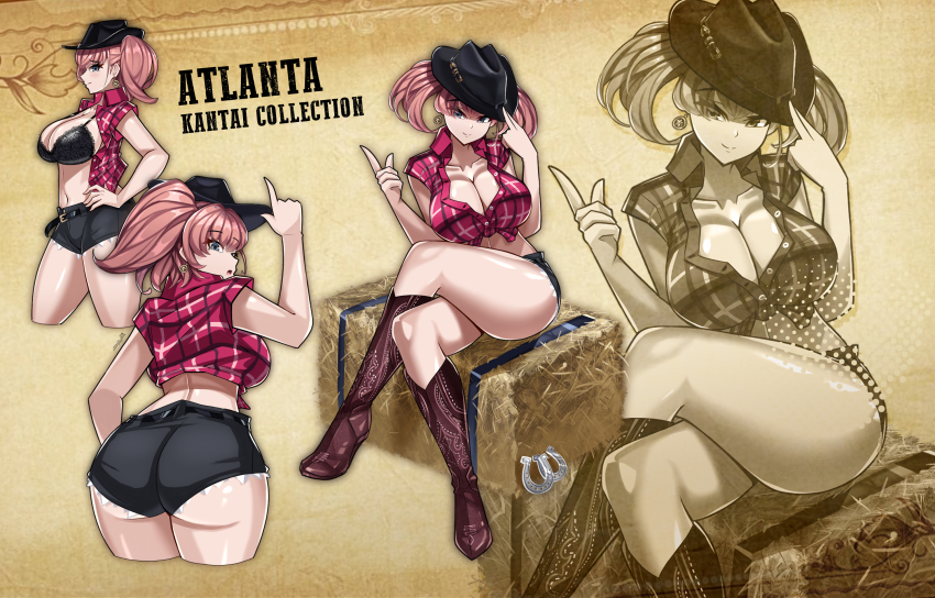 1girl atlanta_(kancolle) belt black_bra black_hat black_shorts boots bra breasts brown_hair commentary commission cowboy_boots cowboy_hat cowgirl_(western) denim denim_shorts earrings english_commentary grey_eyes hat hay highres jewelry kantai_collection large_breasts looking_at_viewer micro_shorts midriff shirt shorts smile solo star_(symbol) star_earrings tied_shirt two_side_up underwear zer0z_vi