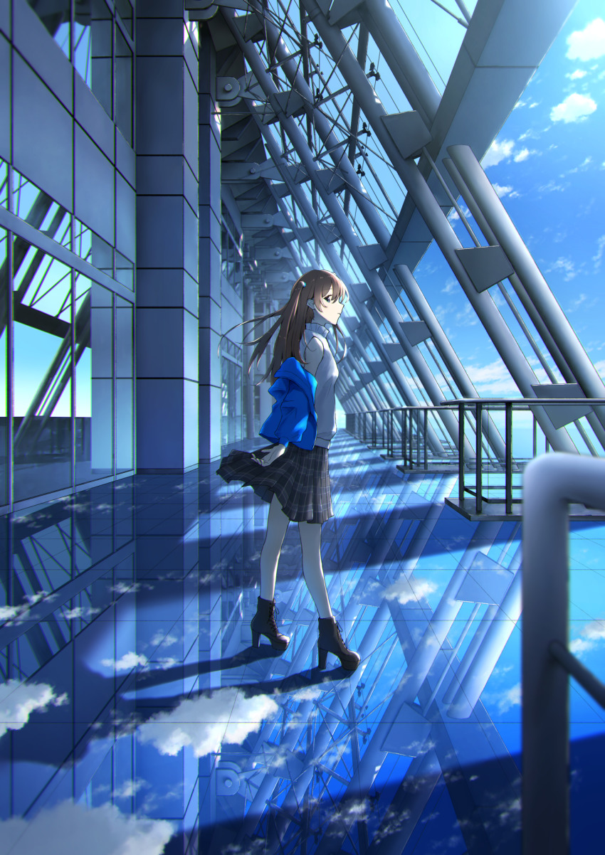 1girl anyotete blue_jacket blue_sky brown_footwear brown_hair building cloud day from_side full_body high_heels highres jacket long_hair looking_at_viewer looking_to_the_side off_shoulder original plaid_clothes plaid_skirt reflective_floor scenery skirt sky sleeveless sleeveless_sweater solo sweater white_sweater