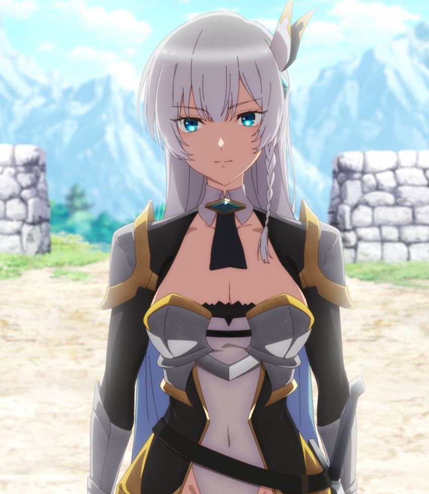 1girl allucia_citrus anime_screenshot armor armored_dress blue_eyes breasts cleavage collarbone covered_navel dress gauntlets hair_ribbon highres katainaka_no_ossan_kensei_ni_naru long_hair looking_at_viewer medium_breasts ribbon stitched third-party_edit white_dress white_hair white_ribbon
