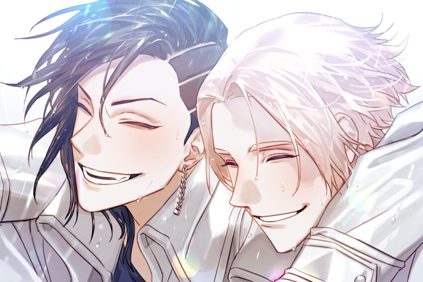 100dnch 2boys ^_^ asymmetrical_hair black_hair black_shirt blonde_hair burn_scar closed_eyes collared_jacket earrings highres inui_seishu jacket jewelry kokonoi_hajime long_sleeves male_focus multiple_boys open_mouth scar shirt short_hair single_earring smile tokyo_revengers upper_body wet wet_clothes wet_hair white_background white_jacket