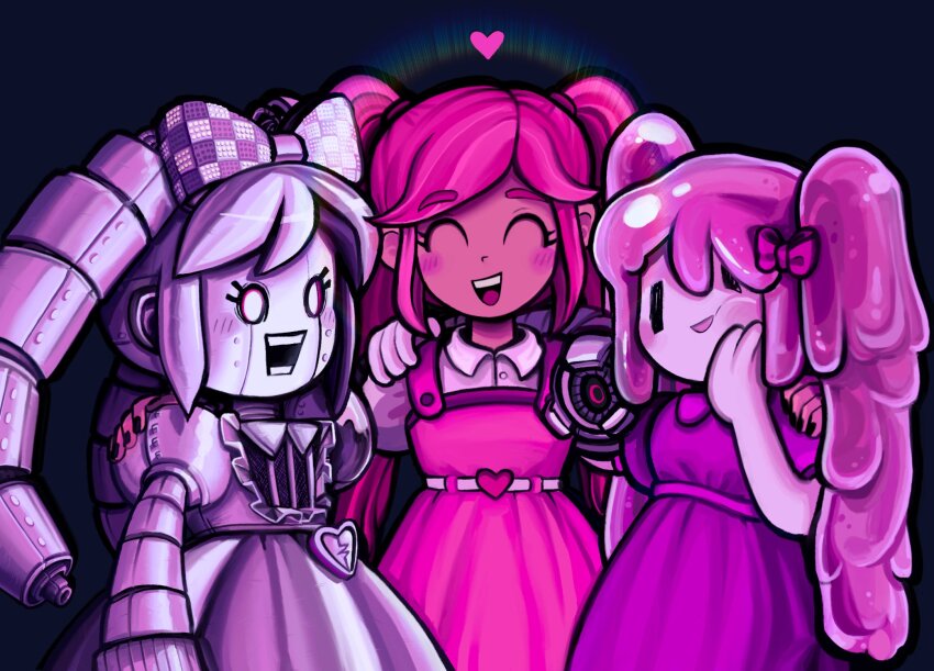 3girls :d ^_^ arm_around_shoulder belt black_background black_nails blush bow buttons checkered_bow checkered_clothes closed_eyes collared_shirt colored_skin commentary dark-skinned_female dark_skin double-parted_bangs dress english_commentary facing_viewer fewer_digits hair_between_eyes hair_bow hair_tie hand_on_own_cheek hand_on_own_face hands_on_another&#039;s_shoulders heart heart_belt highres humanoid_robot liquid_hair mechanical_arms monster_girl multiple_girls mutantheart_(omori) nail_polish noogaats omori open_mouth perfectheart_(omori) pink_belt pink_bow pink_dress pink_skin puffy_short_sleeves puffy_sleeves roboheart_(omori) robot shirt short_sleeves simple_background sleeveless sleeveless_dress slime_girl smile teeth tongue twintails upper_body upper_teeth_only white_shirt
