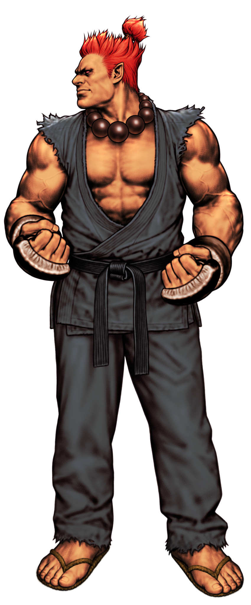 1boy absurdres akuma_(street_fighter) beads black_dougi capcom capcom_vs_snk capcom_vs_snk_2 clenched_hand clenched_hands dougi facing_to_the_side fingerless_gloves from_below game_cg gloves highres looking_to_the_side male_focus martial_arts_belt mma_gloves mori_toshiaki muscular muscular_male non-web_source official_art prayer_beads red_eyes red_hair sandals sleeveless solo street_fighter topknot torn_clothes torn_sleeves veins veiny_arms white_background