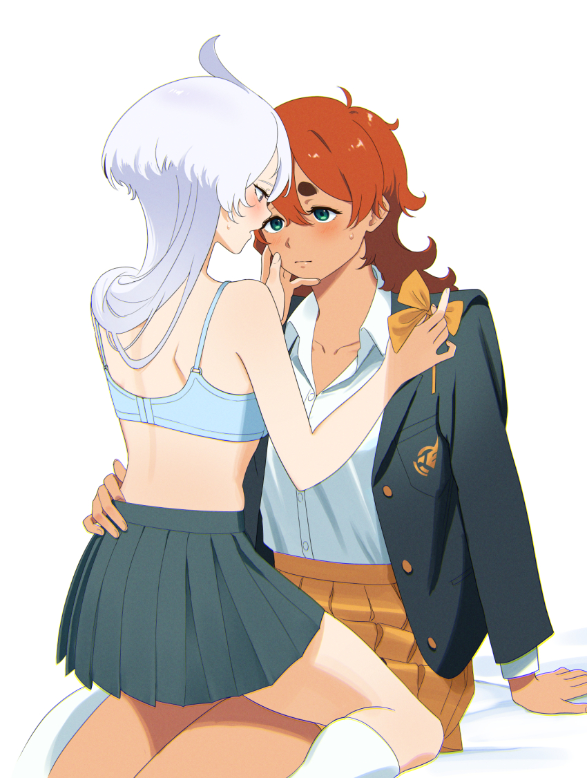 2girls black_jacket black_skirt blue_bra blue_eyes blush bow bowtie bra closed_mouth collared_shirt commentary_request grey_eyes gundam gundam_suisei_no_majo hand_on_another&#039;s_face highres jacket long_hair miorine_rembran multiple_girls open_mouth orange_bow orange_bowtie orange_skirt pleated_skirt red_hair shirt simple_background sitting sitting_on_lap sitting_on_person skirt suletta_mercury sun_4x3 sweat thick_eyebrows underwear unworn_bowtie white_hair white_shirt wings yuri
