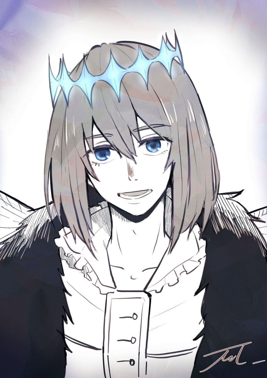 1boy absurdres blue_eyes buttons cloak collarbone diamond_hairband dragonfly_wings fate_(series) frilled_shirt_collar frills fur-trimmed_cloak fur_trim glowing grey_hair highres looking_at_viewer lower_teeth_only male_focus mmmpsychedelic138 monochrome oberon_(fate) oberon_(third_ascension)_(fate) open_mouth short_hair solo spot_color teeth upper_body
