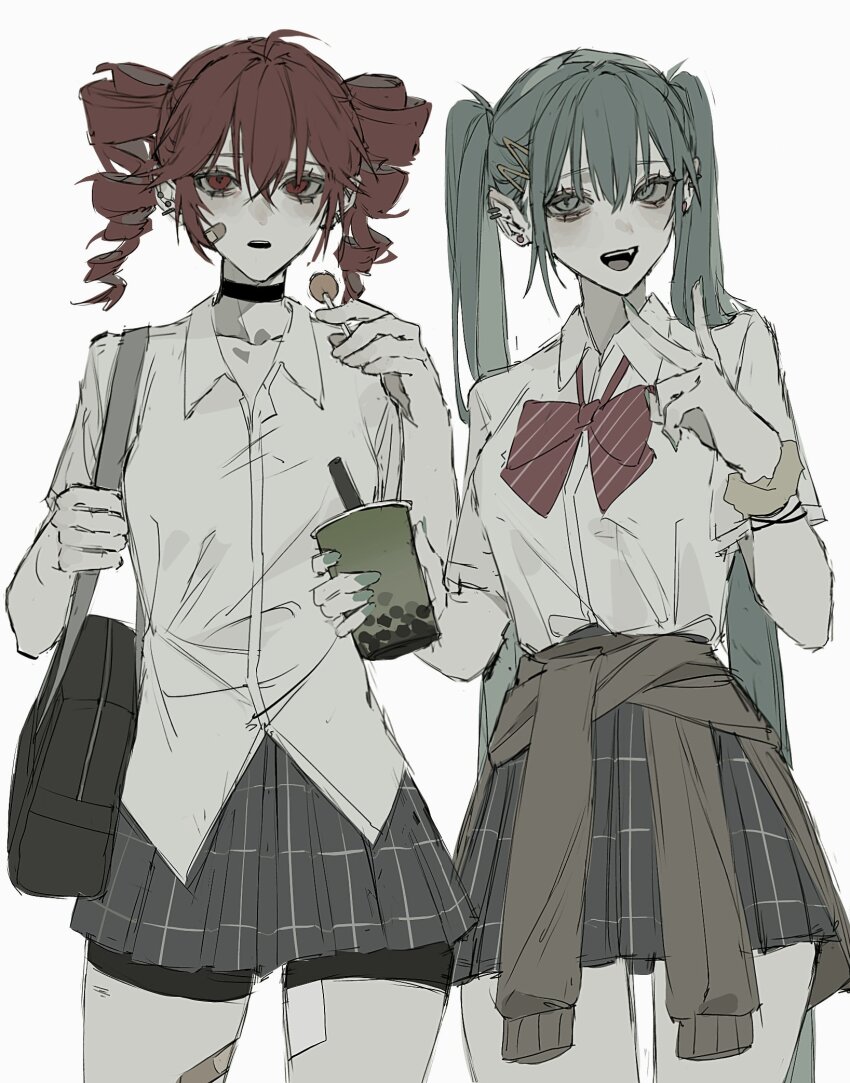 2girls ahoge alternate_costume aqua_eyes aqua_hair aqua_nails bag bandaid bandaid_on_face bandaid_on_thigh black_choker black_shorts bow bowtie brown_cardigan candy cardigan cardigan_around_waist choker clothes_around_waist collarbone cowboy_shot daddyxxxk diagonal-striped_bow diagonal-striped_bowtie diagonal-striped_clothes dress_shirt drill_hair drink drinking_straw ear_piercing fang fingernails food hair_between_eyes hashtag-only_commentary hatsune_miku highres holding holding_candy holding_drink holding_food holding_lollipop kasane_teto lollipop looking_at_viewer multiple_girls nail_polish open_mouth piercing plaid_clothes plaid_skirt pleated_skirt red_bow red_bowtie red_eyes red_hair school_bag school_uniform scrunchie shirt shirt_tucked_in short_sleeves shorts shorts_under_skirt shoulder_bag skirt smile striped_clothes triple_ryuunen twin_drills twintails utau vocaloid white_shirt wrist_scrunchie
