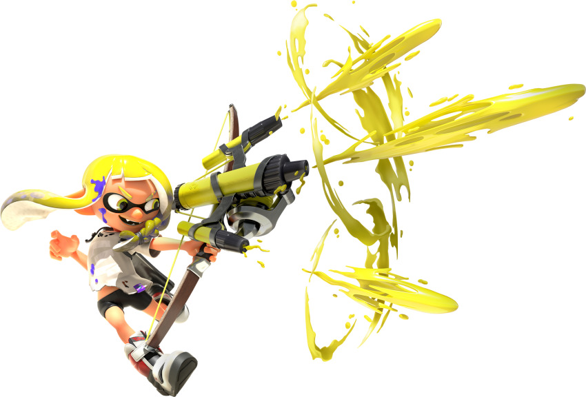 1girl 3d bare_arms bike_shorts blonde_hair boots braid dynamic_pose eye_mask eyebrow_cut firing full_body gradient_hair grey_boots highres holding holding_weapon ink_tank_(splatoon) inkling inkling_girl inkling_player_character long_hair looking_to_the_side multicolored_hair nintendo official_art shirt short_eyebrows short_hair_with_long_locks side_braid sidelocks smile solo splatoon_(series) splatoon_3 spotted_hair suction_cups t-shirt tentacle_hair thick_eyebrows transparent_background tri-stringer_(splatoon) two-tone_hair v-shaped_eyebrows veronika_(splatoon) weapon white_shirt yellow_eyes