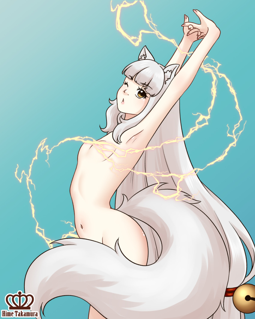 1girl absurdres animal_ear_fluff animal_ears arms_up bell breasts commission commissioner_upload convenient_censoring electricity hair_bell hair_ornament highres hime_takamura long_hair navel nude one_eye_closed open_mouth original small_breasts stretching tail tail_censor telna_hado white_hair wink wolf_ears wolf_girl wolf_tail yellow_eyes