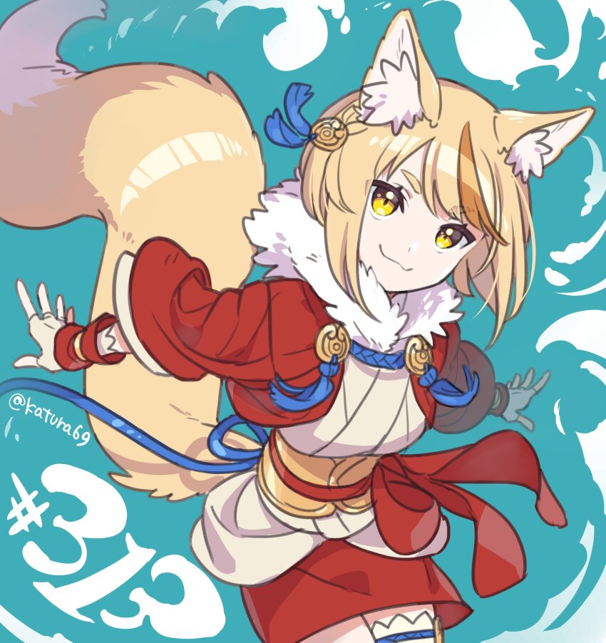 1girl absurdres animal_ears brown_hair fire_emblem fire_emblem_fates fox_ears fox_girl fox_tail fur-trimmed_kimono fur_trim highres japanese_clothes katsura_ichiho kimono looking_at_viewer multicolored_hair nintendo selkie_(fire_emblem) streaked_hair tail two-tone_hair yellow_eyes