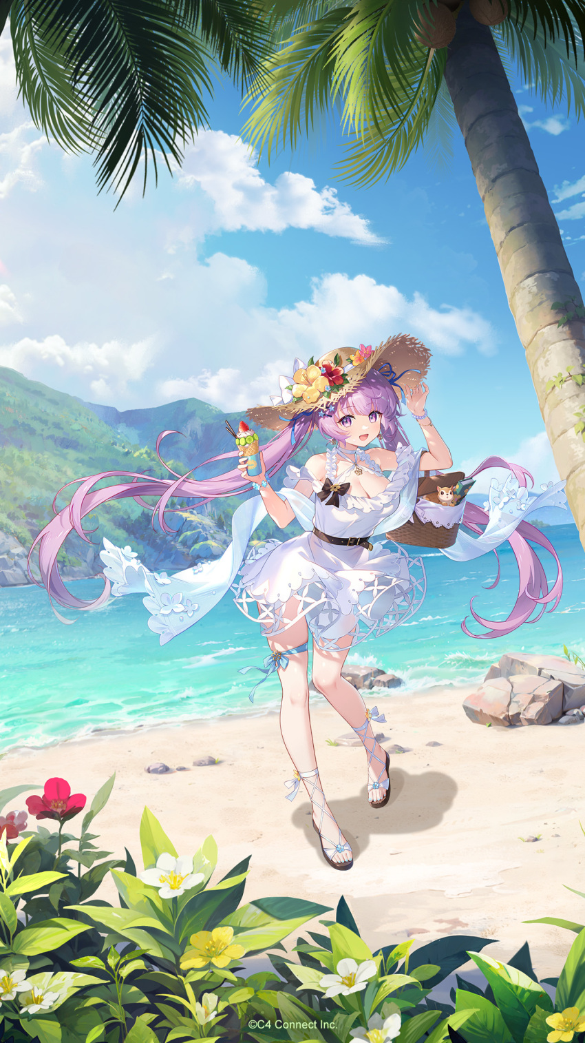 1girl :d animal basket belt belt_buckle blue_ribbon book bracelet breasts buckle character_request cleavage coconut_tree dress flower food fruit hat highres holding holding_basket holding_food houchi_shoujo jewelry large_breasts leaf leg_ribbon long_hair ocean official_art open_mouth outdoors pale_skin palm_tree picnic_basket pink_flower purple_eyes purple_hair red_flower ribbon rock sky smile solo squirrel straw_hat strawberry thigh_ribbon tree twintails very_long_hair water white_dress yellow_flower