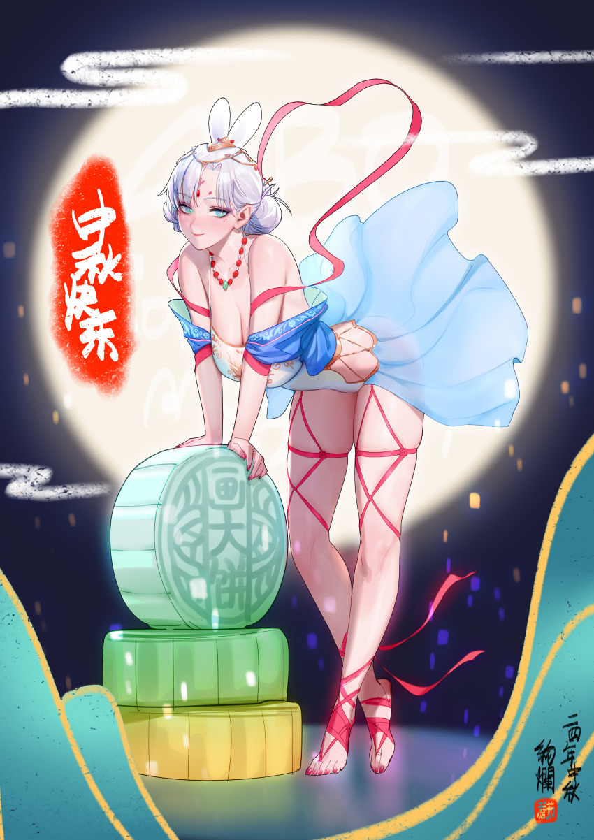 1girl 2024 absurdres aibo_(robot) bikini blue_eyes breasts chang&#039;e chang&#039;e_(cosplay) chinese_clothes chinese_text cleavage cosplay gorgeous_mushroom hagoromo hair_bun highres jewelry large_breasts looking_at_viewer mid-autumn_festival moon mooncake necklace original ribbon shawl smile solo swimsuit toes veil white_hair