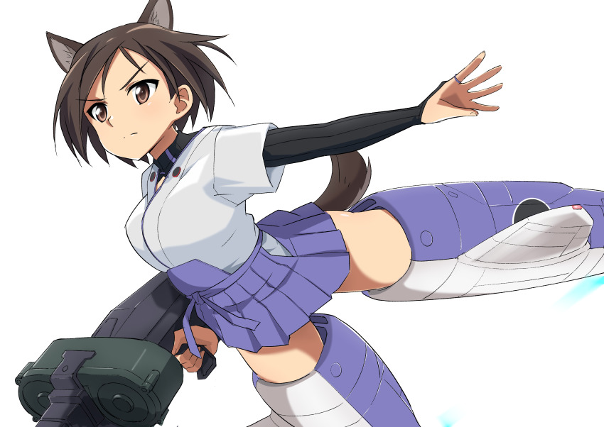 1girl 506th_joint_fighter_wing absurdres animal_ears blue_skirt bridal_gauntlets brown_eyes brown_hair closed_mouth commentary dog_ears dog_tail double-drum_magazine drum_magazine dual_drum_magazine flying frown machine_gun gun hakama hakama_short_skirt hakama_skirt high-capacity_magazine highres holding holding_gun holding_weapon japanese_clothes kimono kuroda_kunika layered_sleeves long_sleeves looking_to_the_side machine_gun magazine_(weapon) mg42 noble_witches saddle-drum shirt short_hair short_over_long_sleeves short_sleeves simple_background skirt solo strike_witches striker_unit tail tricky_46 weapon white_background white_kimono white_shirt world_witches_series