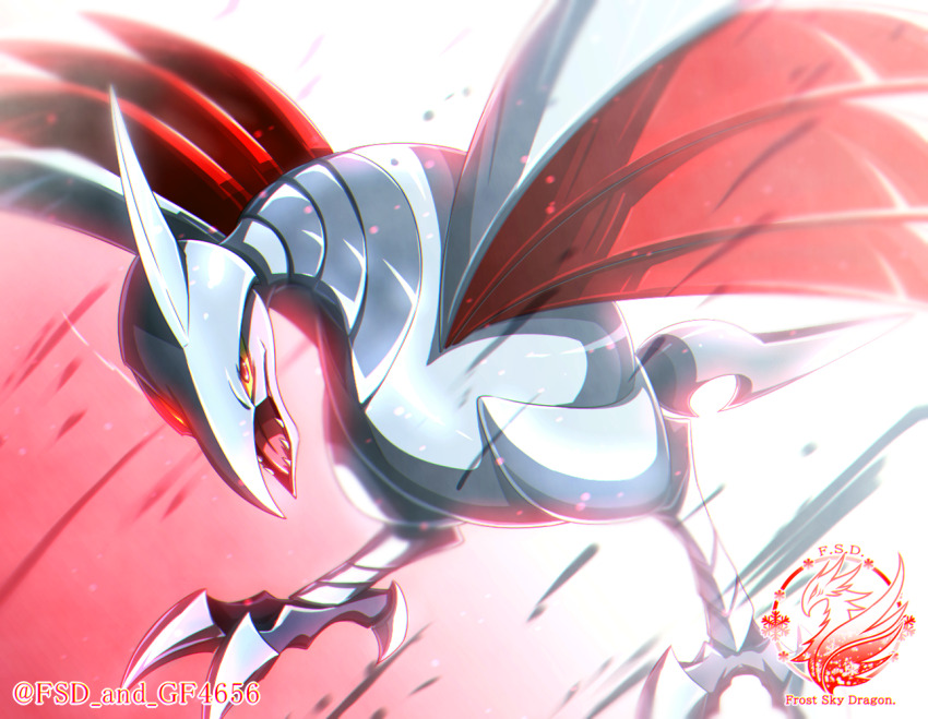 bird claws colored_sclera colored_skin creatures_(company) game_freak gen_2_pokemon grey_eyes grey_skin gurifon horns metal_skin nintendo no_humans open_mouth pokemon pokemon_(creature) pokemon_focus red_wings sharp_teeth single_horn skarmory tail talons teeth v-shaped_eyes wings yellow_sclera