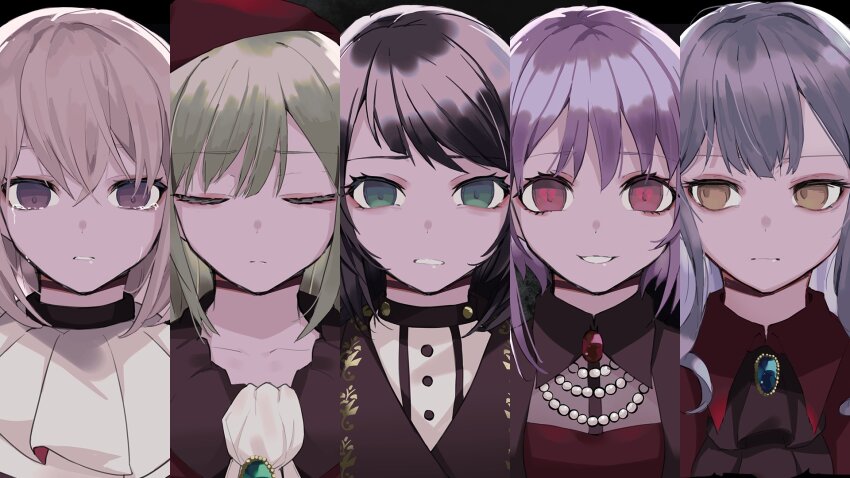 5girls amoris_(bang_dream!) ascot ave_mujica_(bang_dream!) bang_dream! bang_dream!_it&#039;s_mygo!!!!! beret black_hair blonde_hair blue_brooch blue_hair closed_eyes collared_shirt column_lineup commentary_request crying crying_with_eyes_open doloris_(bang_dream!) green_eyes green_hair hair_between_eyes hat heart heart-shaped_pupils highres i_haru_illust long_hair medium_hair misumi_uika mortis_(bang_dream!) mortis_(costume)_(bang_dream!) multiple_girls oblivionis_(bang_dream!) purple_eyes purple_hair red_brooch red_eyes red_hat red_shirt shirt symbol-shaped_pupils tears timoris_(bang_dream!) togawa_sakiko upper_body wakaba_mutsumi white_ascot yahata_umiri yellow_eyes yuutenji_nyamu