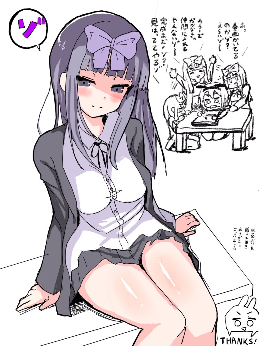 1girl black_ribbon blunt_bangs blush bow breasts closed_mouth collared_shirt commentary_request cookie_(touhou) feet_out_of_frame grey_eyes grey_hair grey_jacket grey_skirt hair_bow highres hime_cut jacket looking_at_viewer medium_breasts miniskirt namou_(namorton09) neck_ribbon open_clothes open_jacket pleated_skirt purple_bow ribbon shaded_face shiny_skin shirt shunga shunga_youkyu sidelocks simple_background sitting skirt smile solo star_sapphire touhou translation_request white_background white_shirt